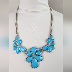 #62 Gold Toned‎ Aqua Faceted Tear Drop Statement Bib Curb Link Necklace